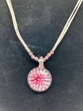 Handmade Pink Flower Glass Pendant Necklace